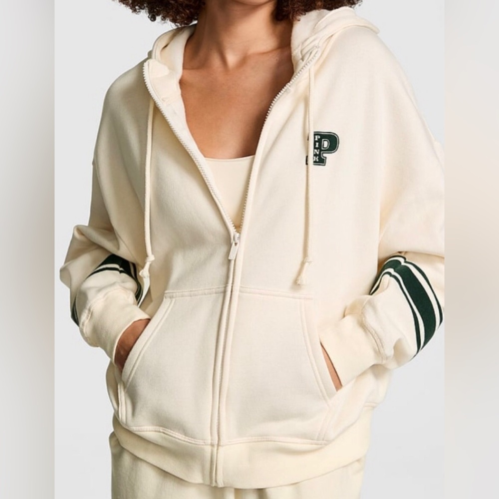 Victoria’s Secret Pink Size XL Ivory Zip-Up Hoodie with Forest Green Stripes.